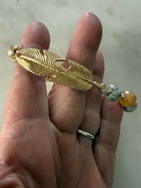 Erimish Gold Feather and Earth-Tone Beaded Stretch Bracelet New